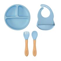 Kit Alimentação Silicone Buba 3pçs Babador Pratinho Talher Em Silicone e Bambu Bebe Introdução Azul