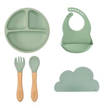 Kit Alimentação Silicone Buba 4pç Babador Pratinho Talher Bambu Jogo Americano Bebe Introdução Verde