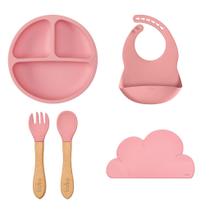 Kit Alimentação Silicone Buba 4pçs Babador Pratinho Talher Bambu Jogo Americano Bebe Introdução Rosa