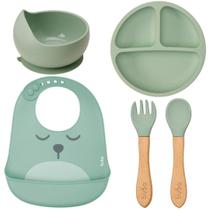 Kit Alimentação Silicone Gumy Buba 5 Peças Babador Prato Bowl Talher de Bambu Introdução Alimentar