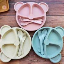 Kit Alimentação Urso com 3 Divisórias Infantil c/ talheres Colorido Criança fofo introdução Alimenta Kit Alimentação Urso com 3 Divisórias Infantil c/ talheres Colorido Criança fofo introdução Alimenta