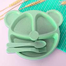 Kit Alimentação Urso com 3 Divisórias Infantil c/ talheres Colorido Criança fofo introdução Alimenta