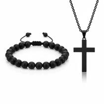 KIT All Black Masculino: Colar Cruz Aço Inox Preto + Pulseira Pedra Fosca Minimalista e Proteção