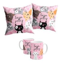 Kit Almofada + Caneca Seja Feliz Gatinho