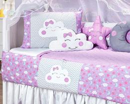 Kit Almofadas Protetores Berço Americano Menina Rosa Nuvem Estrela Lua 8 peças