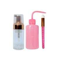 Kit almotolia rosa bico curvado 250 ml + pump rose + pencel rosa