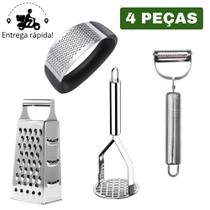 Kit Amassador de Batata Descascador Legumes Esmagador e Ralador 4 Faces para Cozinha Aço Inox