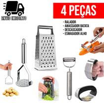 Kit Amassador de Batata Descascador Legumes Esmagador e Ralador 4 Faces para Cozinha Aço Inox