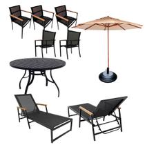 Kit Amélia Mesa Ripada 1,20m + 5 Poltronas + 2 Espreguiçadeiras Piscina e Guarda Sol Kit Amélia Mesa Ripada 1,20m + 5 Poltronas + 2 Espreguiçadeiras Piscina e Guarda Sol