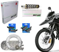 Kit Amortecedor Scud + Jogo Pastilhas Freio Cobreq + Kit Relação Scud Xre 300 Tração Corrente Coroa Pinhão Aço 1045 Reforçada H