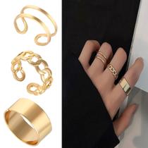 Kit Anel Ajustável Dourado Conjunto Feminino Moda