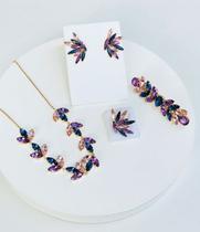 Kit Anel + Brinco + Colar + Presilha de Pedraria Fortaleza Banho de Ouro