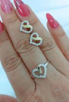 Kit Anel E Brinco Coração Em Prata 925 Apliques de Ouro 14 K E Zircônias Kit Anel E Brinco Coração Em Prata 925 Apliques de Ouro 14 K E Zircônias