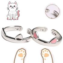 Kit Anel Gatinhos Gato Orelha Patinhas Prata 925 Ajustável