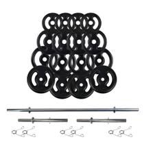 Kit anilhas 80 kg + 2 barras ocas 40cm + barra maciça 1,80cm Kit anilhas 80 kg + 2 barras ocas 40cm + barra maciça 1,80cm
