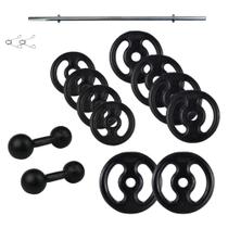 Kit Anilhas de Ferro 30Kg + Barra 120cm e Par de Halter de 5Kg Kit Anilhas de Ferro 30Kg + Barra 120cm e Par de Halter de 5Kg