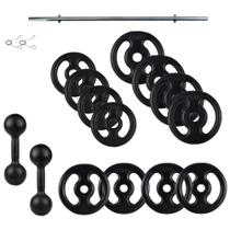 Kit Anilhas de Ferro 40Kg + Barra 120cm e Par de Halter de 5Kg