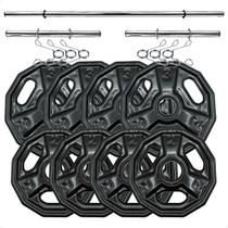 Kit Anilhas Dectagonal Emborrachadas 20 Kg + Barras com Presilhas Kit Anilhas Dectagonal Emborrachadas 20 Kg + Barras com Presilhas