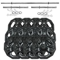 Kit Anilhas Dectagonal Emborrachadas 40 Kg + Barras com Presilhas Kit Anilhas Dectagonal Emborrachadas 40 Kg + Barras com Presilhas