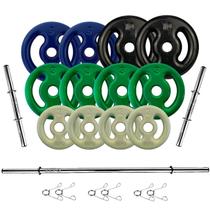 Kit Anilhas Emborrachada 50 Kg + Barras Com Presilhas Fitness