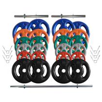 Kit Anilhas Emborrachadas 100 Kg + Barras com Presilhas Kit Anilhas Emborrachadas 100 Kg + Barras com Presilhas