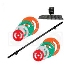 Kit Anilhas Emborrachadas 20kg + Barra Polipump + Caneleira