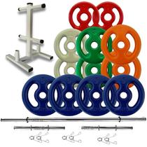 Kit Anilhas Emborrachadas 40 Kg + Barras 2x 40cm + 1x 1.50m + Suporte 120kg