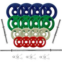Kit Anilhas Emborrachadas 44 Kg + Barras 1,20m(1) - 0,40m(2) + 1 Suporte 120kg