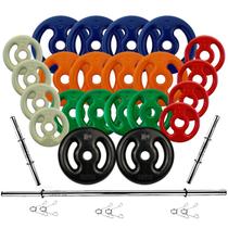 Kit Anilhas Emborrachadas 80 Kg + 3 Barras Com Presilhas