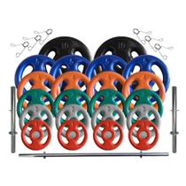 Kit Anilhas Emborrachadas 80 Kg + Barras com Presilhas