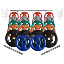 Kit Anilhas Emborrachadas 90 Kg + Barras com Presilhas Kit Anilhas Emborrachadas 90 Kg + Barras com Presilhas