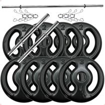 Kit Anilhas Emborrachadas Preta 20 Kg + Barras com Presilhas