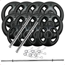Kit Anilhas Emborrachadas Preta 24 Kg + Barras com Presilhas Kit Anilhas Emborrachadas Preta 24 Kg + Barras com Presilhas