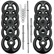 Kit Anilhas Emborrachadas Preta 30 Kg + Barras com Presilhas