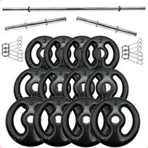 Kit Anilhas Emborrachadas Preta 40 Kg + Barras com Presilhas