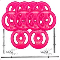 Kit Anilhas Emborrachadas Rosa 30 Kg + Barras com Presilhas