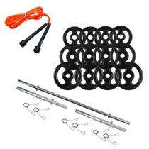 Kit Anilhas Ferro 40Kg + Barras Com Presilhas + Corda