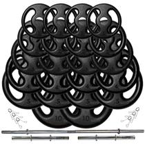 Kit Anilhas Ferro Fundido 80 Kg + Barras Com Presilhas