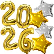 Kit Ano Novo 2026: 4 Balões Números 75cm + 4 Estelas Metalizadas 45cm - Festa Réveillon