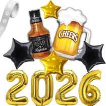 Kit Ano Novo 2026: Balões Metalizados Grandes 4 Balões Números 75cm + 4 Estelas Metalizadas 45cm- Festa Réveillon