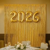 Kit Ano Novo Balão 2026 + 2 Cortinas Douradas Painel Festa
