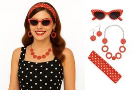 Kit Anos 50 E 60 Fantasia Retrô Vermelho Com 4 Peças Kit Anos 50 E 60 Fantasia Retrô Vermelho Com 4 Peças