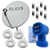 Kit Antena Digital Elsys 60cm Banda Ku, LNBF Quadruplo, 4 Cabos 15m e 8 Conectores