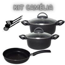 Kit Antiaderente 2 Caçarolas frigideira e Talher com tampa de vidro