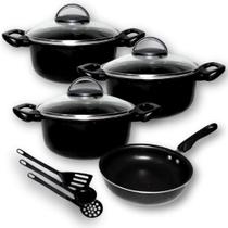 Kit Antiaderente Azaléia com 3 caçarolas com tampa de vidro Frigideira e Talheres