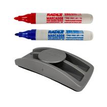 Kit Apagador e 2 Marcadores Para Quadro Branco Azul e Vermelho