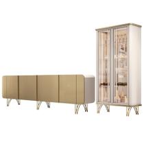 Kit Aparador Buffet Bar Living Santiago com Cristaleira Adega Síria B01 Off White Champagne - Lyam Decor