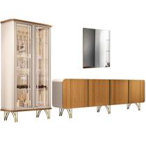 Kit Aparador Buffet Living Santiago Cristaleira Adega Síria e Espelho Ibiza B01 Cinamomo Off - Lyam