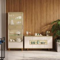Kit Aparador Buffet Lizzano e Cristaleira Com LED Para Sala De Jantar Lúmen B01 Off White Champanhe - Lyam Decor