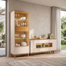 Kit Aparador Buffet Lizzano e Cristaleira Com LED Para Sala De Jantar Lúmen B01 Off White Cinamomo - Lyam Decor